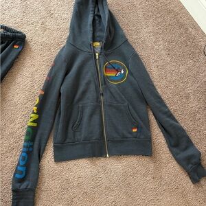 Aviator Nation charcoal Gray Hoodie with Rainbow Accents. Xs adult. Like new!